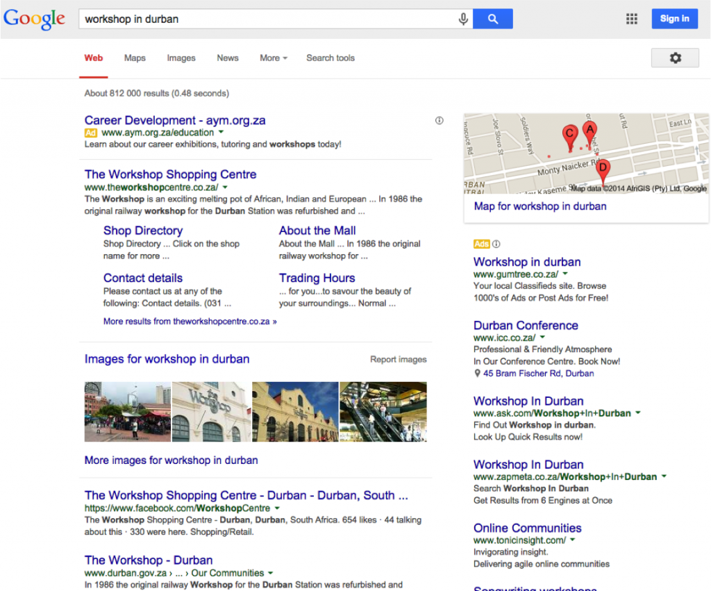 This is an example of a Google search engine results page (SERP). The Adwords Search Text ads are highlighted in blue. 
