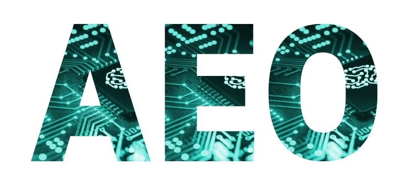 Bold AEO typography with circuit board texture representing Answer Engine Optimization and intelligent search technology